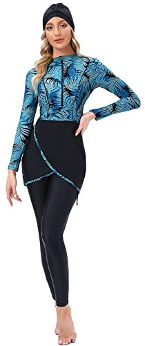 IWEMEK Muslimische Damen Modest Burkini Bedruckter 3 Stück Badeanzug mit Langärmligem Vollständig Bedeckendem Rock + Hose + Hijab Islamischer Arabischer Schwimmstrand Surfen #Dunkelblau S