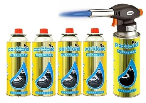 Blow Torch Butane Gas Cylinders Kitchen & Catering Cooking Kit, Camping Gas Canister for Camping Stove, Blowtorch COOKER CAMPING HEATER BBQ Gas Bottles Cook Brulee Tarts Pies (1X Torch 4x Gas Refills)