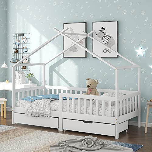 TOPCHANCES Schönes Hausbett, Kinderbett Massivholz mit Zaun und Lattenrost, Kinder- und Jugendzimmer mit Absturzsicherung, weiß (with Drawers)