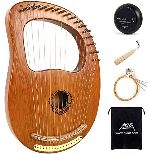 AKLOT 16 Metallsaiten Leierharfe Ahornsattel Mahagoni Körper Lyra Harfe mit geschnitzter Note Stimmschlüssel Pick Up Saiten