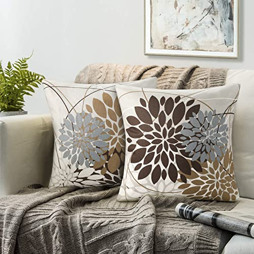 RYBornament Braun Kissenhülle 50 x 50 Deko Sofakissen Geometrisches Blume Muster Kissen Moderne Abstrakte Kissenbezug 2er Stück Leinen Kissenhüllen Passend Für Wohnzimmer Schlafzimmer Kissen Deko