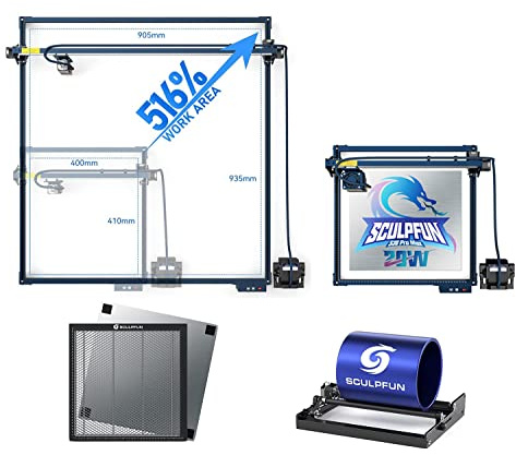 SCULPFUN S30 PRO MAX 935x400mm Laser Graviermaschine, mit Y Erweiterung kit, Laser Honeycomb Table 400 x 400mm und Laser Rotary, 20W Lasers Laser Cutter