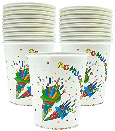Oblique Unique® Schulkind Party Pappbecher Set Papierbecher Trinkbecher für Schuleinführung Einschulung Tischdeko für Jungen und Mädchen (Bunt - 20 Stück)