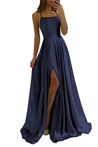 xxxiticat Eleganta långa balklänningar för kvinnor, satin, A-linje, bröllopsklänning, aftonklänningar, sexig halterneck, spaghetti, brudklänning, lång, prinsessa, brudtärneklänning, Mörkblå, S