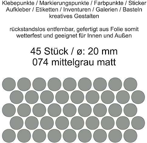 Aufkleber Etiketten Klebepunkte aus Folie 45 Stück grau mittelgrau matt rund 20 mm selbstklebend farbig wetterfest Decal Markierungen Organisieren DIY basteln verzieren Modellbau Scrapbooking
