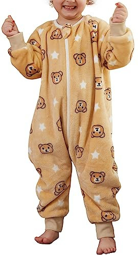 FEOYA Pyjama Junge Mädchen mit Ärmeln Baby Schlafsack Flanell Kinder Schlafsack Winter Herbst Cartoon Kostüm Tier Schlafanzug Set Neugeborenes Braun 1-2 Jahre