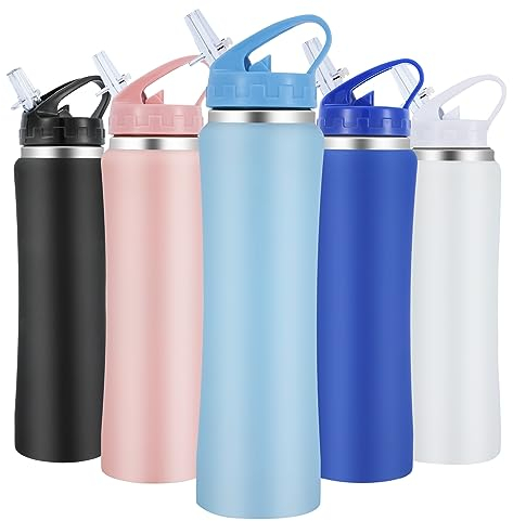 SUPPRUI Insulated Water Bottles,600ml Stainless Steel Water Bottle with Straw,Metal Water Bottle,Double Walled Drink Flasks Leakproof Keep Drinks Hot Cold (Light Blue)