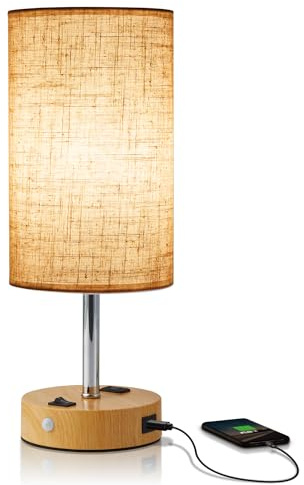 lifeholder Table Lamp with Motion Sensor or Constant on Mode, USB Lamp Include One LED Bulb, Built in 1 USB Port & 1AC Outlet, Bedside Lamp Idea for Bedroom, Hallway, Bath Room