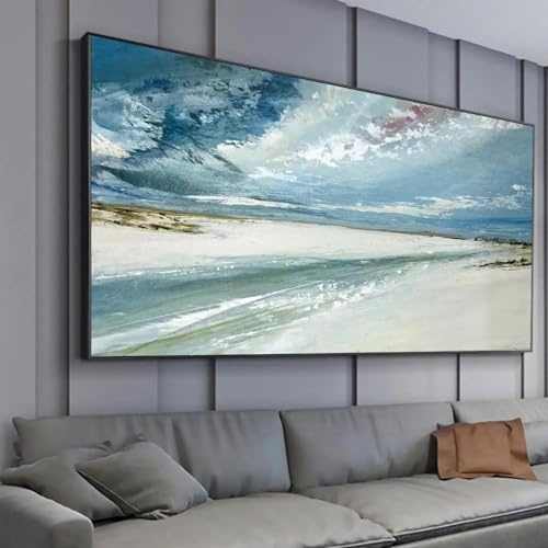 Cuadro al óleo sobre lienzo grande con diseño de océano azul, pintura abstracta de paisaje marino, boho, moderno, para sala de estar, pósteres artísticos de pared, 90 x 180 cm, sin marco