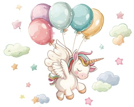 Ueiwffzo Einhorn Wandaufkleber, Wandtattoo Kinderzimmer Mädchen, Einhorn Ballons, Wolken Kinderzimmer Wandtattoo Dekor Geburtstag für Mädchen, Kinderzimmer