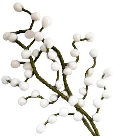 2er Set Zweig mit weißen Beeren aus Filz mit biegsamen Stiel, ca. 30 cm, handgemachte Dekoblumen für individuelle Kreationen, nachhaltiges Geschenk, fairer Handel, realistische Kunstblumen