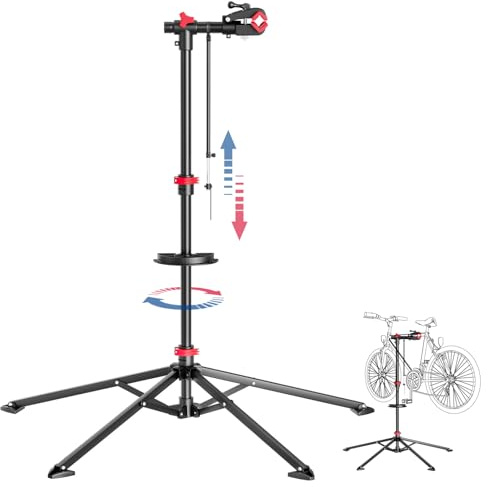 KARAT - Pied de Montage vélo - Support de réparation vélo jusqu'à 30 kg - Pied d'atelier avec Plateau à Outils, Pivotant, Pliable, Hauteur réglable - 128 L x 128 l x 113,5-193 H cm Noir-Rouge (Lois)