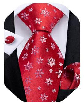 DiBanGu Mens Weihnachten Krawatte Set Lustige festliche Krawatte Gewebte Pocket Square Manschettenknöpfe Set mit Geschenkbox, Weiß Schneeflocke und Rot