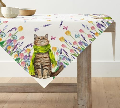 Artoid Mode Blumen Tulpen Lavendel Katze Frühling Tischwäsche, Küche Tisch Dekoration Drinnen Urlaub Party Dekor 85x85 cm