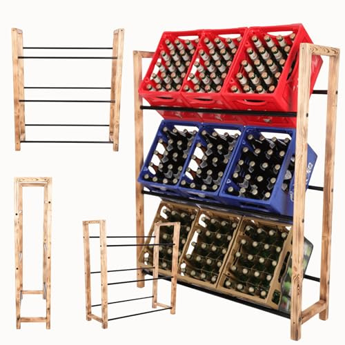 MODO24 Getränkekistenregal RSO Holz und Metall, Stabil, Kistenregal für 9 Kisten, Getränkeregal, Kistenständer, Freistehend, Kistenhalter, Kellerregal, Lagerregal, 137,5x32x111,5 cm, Geflammt/Schwarz