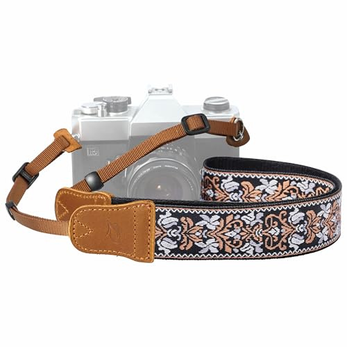 Padwa Lifestyle Camera Strap - 1.5 Crazy Horse Cowhide Head Cotton Strap,Vintage Embroidery Camera Straps for Photographers and All Cameras,Cute Adjustable Shoulder Neck Strap for Adults & Kids