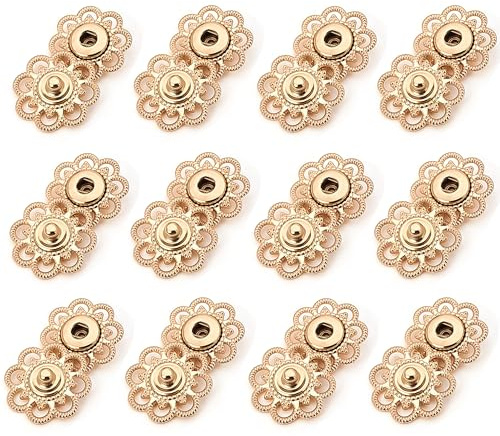 DHER 12 Paar Druckknöpfe Annähen Druckknöpfe aus Metall Metallknöpfe mit hohlem Blütenblatt, Mantel Trenchcoat unsichtbare versteckte Knöpfe, Nähen Druckknöpfe, Metalldruckknöpfe flache (Gold, 21MM)