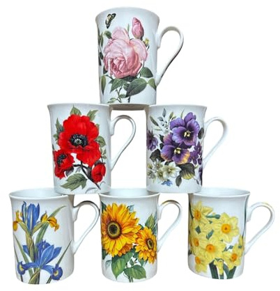 Set of 6 Floral Fine China Mugs, 295ml Mixed Flower Designs, Coffee Cups | Six 295ml fine china mugs with assorted colourful flower designs, daffodil, poppy, sunflower, rose