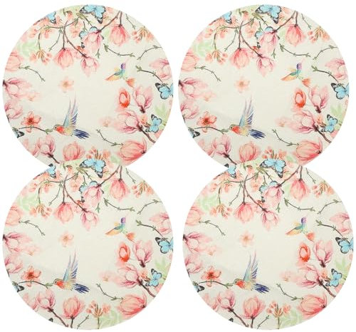 APOMOONS 4 Pièces Printemps Fleur Papillon Sets de Table, Sets de Table Ronds 38CM, Sets de Table Ronds Lavables, Sets de Table en Lin Imprimé, Convient pour Table à Manger, Cuisine
