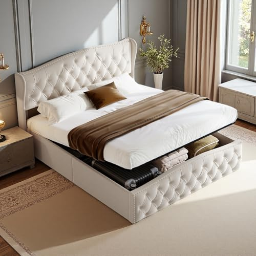 JiaOyu Polsterbett 140x200 cm, Hydraulisches Stauraumbett mit Stil und Komfort, Funktionsbett Jugendbett Inklusive Lattenrost und Modernem Kopfteil, Samt, Ohne Matratze (Beige, 140x200cm)