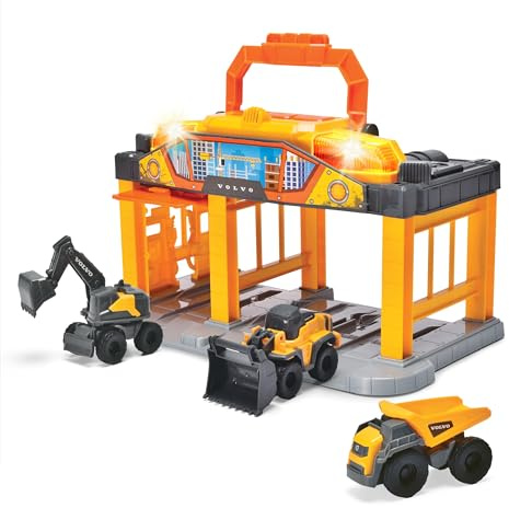 Dickie Toys - Micro Construction Auto-Station für Kinder ab 3 Jahre (25 cm) mit 3 Volvo Baustellenfahrzeugen (Bagger, Kipplaster & Radlader), Baustellen-Spielzeug mit Licht & Sound, inkl. Batterien