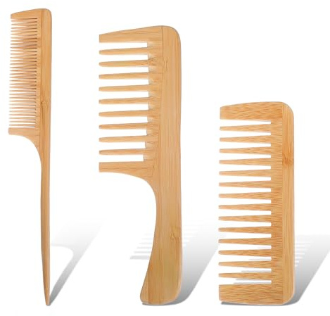 3Pcs Natural Bamboo Comb for Women, Wide Tooth Wooden Comb for Curls, Rat Tail Beard Combs Set for Thick Thin Straight Hair Women, Men Barber Styling, Curly Teasing, Parting, Mustache