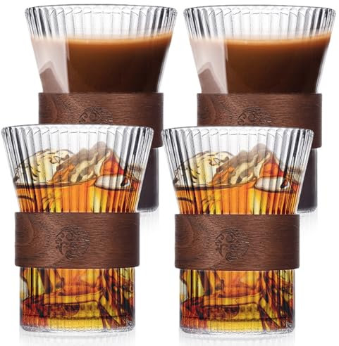Set di 4 bicchieri da latte macchiato da 300 ml, design a strisce, tazze da caffè con porta bevande a prova di scottatura, in legno, tazze da cappuccino per tè e gelato