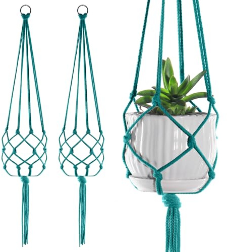 2-pack stora makramé växthängare för inomhus utomhus dekorationer, rep för att hänga blomkrukehållare, 108 cm (grön-C)