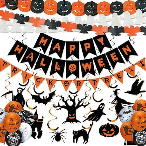 Halloween Decorations Indoor Set – Reusable Happy Halloween Banner, Trick or Treat Sign, Hanging Pumpkin Bat Ghost Bunting Garland, Spooky Hanging Party Decorations for Home, Office, Classroom