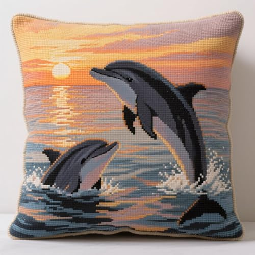 Henypt Knüpfkissen Set, Tierischer Delfin Knüpfkissen Set für Anfänger zum Selber Knüpfen,Knüpfset Kissen DIY Knüpfteppich Knüpfpackung,43x43cm