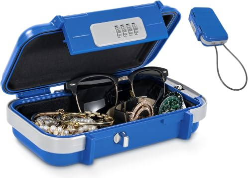 OUUTMEE Tragbare Tresor mit Zahlenschloss Strandsafe 24 x 14 x 5,8 cm | Strandtresor zum Anketten,Geeignet für Reisen, Strandaktivitäten (Blau)