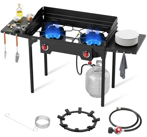 ADREAK High Pressure Propane Stove, 2 Burner Outdoor Propane Burner with Windscreen ＆ Side Shelves, 150,000 BTU Gas Stove with 0-20 PSI Regulator for Camping, Backyard, Picnic, Outdoor Cooking