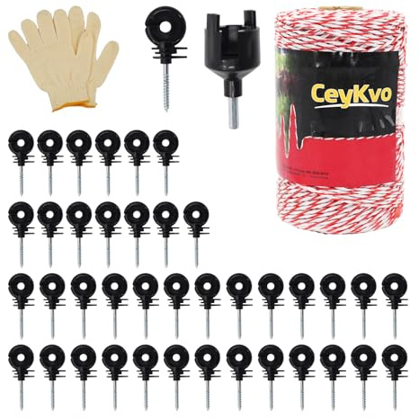 CeyKvo Kit conduttivo di rete per recinzione, versione migliorata, filo di acciaio a 6 fili, filo di recinzione elettrica, con 50 isolatori e strumento di installazione con 1 chiave isolante, adatto