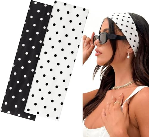 BELEVO Hårband, dam, sport, 7 cm, pannband, yoga, pannband, dam, halkfri, hårband, hårband för fitness, löpning, träning, gym (polka, prickig, svart och vit)