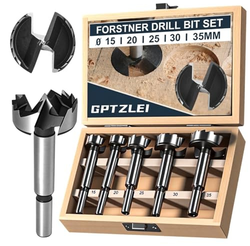 Mèches Forstner Bois Set 5 Pièces 15-35 mm – Forets Bois pour Charnière Meuble – Perçage Précis Trou Fond Plat – Acier Carbone pour Perceuse et Perceuse à Colonne – Coffret de Rangement en Bois