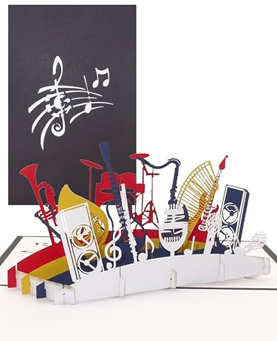Pop Up Karte Orchester - Musikinstrumente – 3D Geburtstagskarte, Einladungskarte & Geschenkgutschein Musik & Instrument – Glückwunschkarte, Geschenkverpackung & Einladung zum Konzert