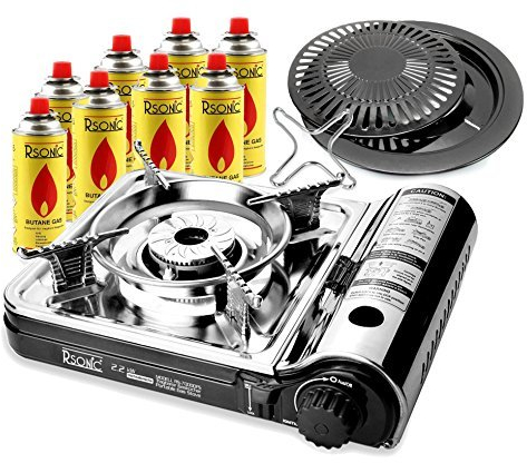 TruWare - RSonic Gaskocher Campingkocher Profi RS-7000DFS + Gaskartuschen + Grillplatte + Gaskreuz (mit 8 Kartuschen)