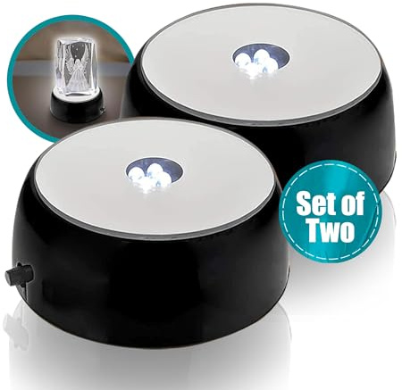 ASENTE 4 LED Light Stand Base - Circular Display Pedestal for 3D Crystal Glass Art - LED Light Base for Glass Art - Battery Powered Light Stand - Illuminated Pedestal Stand - Black, Set of 2