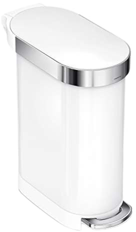 simplehuman CW2069 45L Slim Kitchen Pedal Bin, Silent Soft Close Lid, Strong Steel Pedal, White Steel, W 26.0cm x H 62.0cm x D 55.0cm