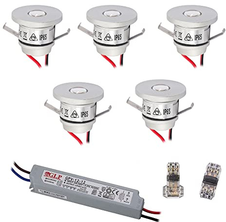 VBLED® 5er Set 1W Mini-Einbauspot, Mini Spot IP65 Warmweiss Inkl.12W LED Trafo 12V DC, IP67 (Erweiterbar bis zu 10 LEDs) [EEK A++]