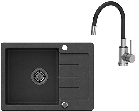 VBChome Spüle Schwarz mit Armatur 60 x 44 cm mit Spültischarmatur Granit Einzelbecken Einbauspüle gesprenkelt reversibel Verbundspüle + Siphon Wasserhahn Einhebel