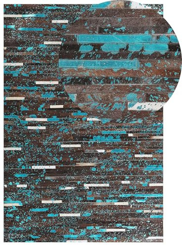 Tapis Motif Patchwork 140 x 200 cm en Peau de Vache Marron et Bleu Kisir