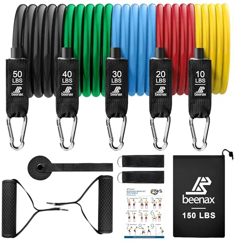 Beenax Resistance Bands Set with Handles - Heavy Duty 12pcs Exercise Bands, Up to 100/150/200/250 LBS - Fitness Training Tubes for Home, Gym, Physio - Handles, Ankle Straps, Door Anchor, Carry Bag