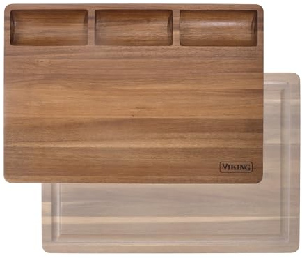 Viking Cutting Board, Reversible Acacia Wood Butcher Block Prep and Carving Board for Kitchen Countertop, 3-Built-In Compartments, 20 Inch