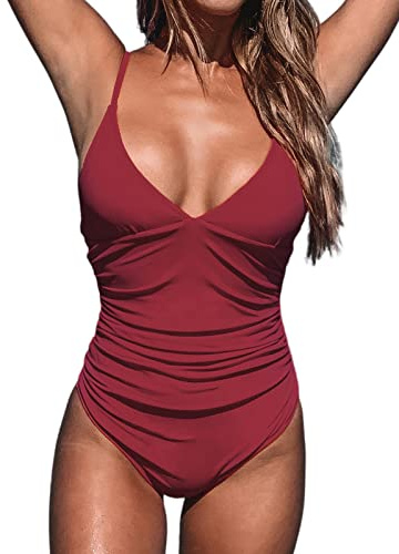 CUPSHE Women's One Piece Swimsuit Triangle Low Back Beach Swimwear Tummy Control Bathing Suit Swimming Costume Burgundy S