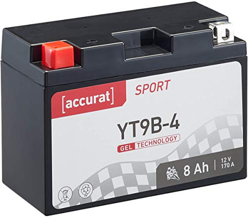 Accurat Motorradbatterie YT9B-BS, Gel, 12V 8Ah, wartungsfrei, zyklenfest | kompatibel mit YT9B-4, geeignet für Roller, Moped, Mofa, rüttelfest, Starterbatterie, Erstausrüsterqualität, vorgeladen