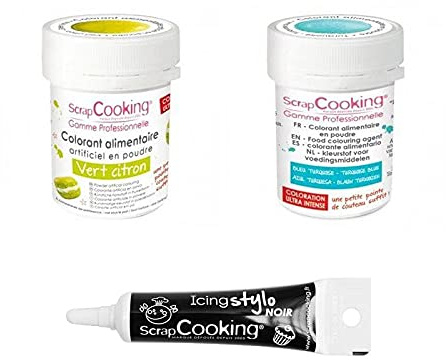 2 coloranti alimentari in polvere turchese-verde lime + penna per glassa nera
