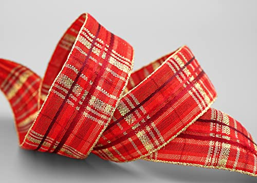 20 m x 40 mm Karo Dekoband SANTA'S PANTS ROT Gold kariertes Geschenkband mit formstabilen Kanten glänzend Schleifenband Stoffband Deko Band Winter Weihnachten Advent Lurexkante Goldkante