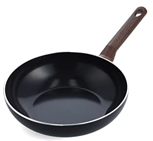 BK Simply Ceramic Non-Stick 14 Piece Cookware Pots and Pans Set, Includes Frying Pan, Saucepan, Casseroles and Utensils, Vintage Wood Inspired Handles, PFAS Free, Induction, Oven Safe, Black