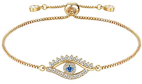 Kakonia 18K Gold Plated Evil Eye Bracelet for Womens Dainty Simple Handmade Bracelet Adjustable Slider Chain Bracelets Evil Eye Jewellery Gift